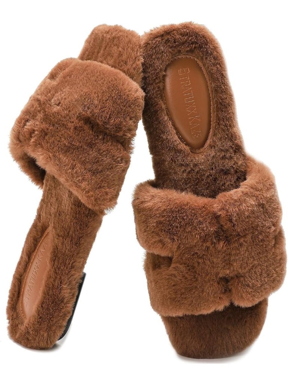Women's Brown Cute Comfy Slides Faux Fur Open Toe Slip On Fuzzy Indoor Slippers